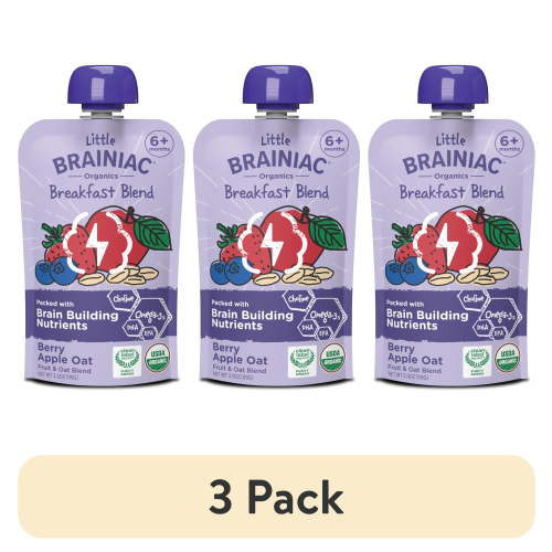 (3 pack) Little Brainiac Organic Fruit & Oat Toddler Food with BrainPack, Berry Apple Oat, 3.5oz