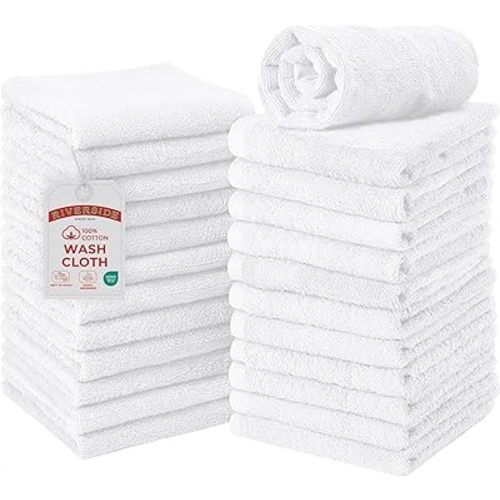 RIVERSIDE Pack of 24 Wash Cloths for Showering, 12 x 12 Inches, Super Soft & Absorbent, 100% Cotton Washcloths Premium Quality Flannel Face Cloths for Bathroom, Gym, Spa (White, 24 Pack)