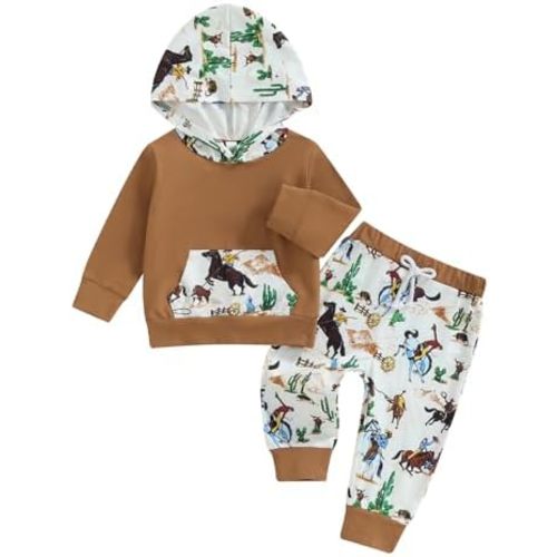 Infant Baby Boy Hooded Clothes Set Dinosaur Color Block Sweatshirt Pant Set Toddler Fall Winter Outfit 0-24 Months