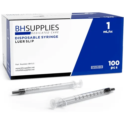 BH Supplies 1mL Luer Slip Tip Syringes (No Needle) - Sterile, Individually Wrapped - 100 Syringes