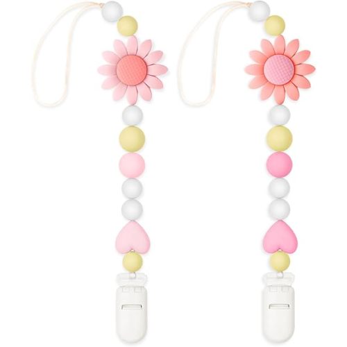 Silicone Pacifier Clip, 2 Pack Pacifier Holder for Boys and Girls, Adorable Sunflower Pacifier Strap Fits for Most Pacifier, Baby Teethers and Toy Straps (Light Pink&Pink)