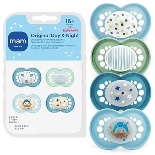MAM Original Baby Pacifiers 16+ Months, Binky for Newborn Babies, BPA-Free Skin Soft Silicone Nipple, Glows in The Dark, Developed with Medical Experts, 4 Count, Made in Europe