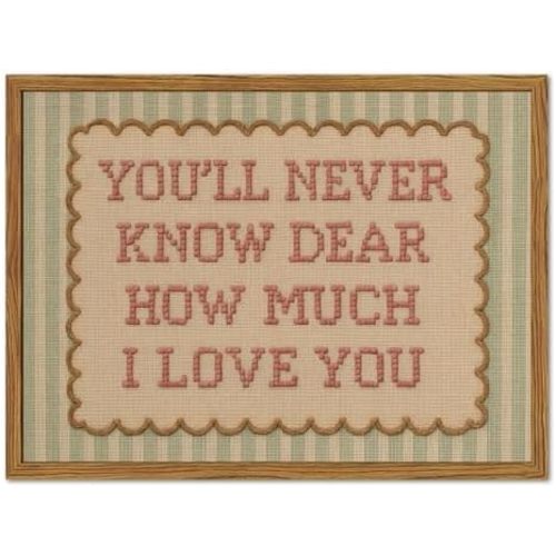 Framed You'll Never Know Dear How Much I Love You Wall Art, Vintage Nursery Pink Green Striped Pictures Wall Decor, Inspirational Quote Paintings Canvas Prints for Girl Bedroom Living Room 12x16 inch