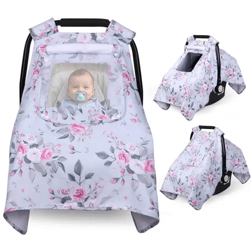 Car Seat Cover Baby, Carseat Covers Baby with 2 Layers Breathable Windows, Windproof Infant Car Seat Cover, Kick-Proof Baby Carrier Cover for Baby Girl Newborn Essentials