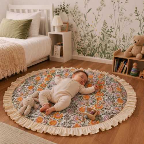 Ruffle Quilted Play Mat, Play Mat For Newborns, Baby play mat, Baby Rug, Round Baby Mat, Nursery Floor mat, Infant Activity Mat, Dog Cat Bed