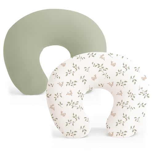 Konssy 2 Pack Nursing Pillow Covers, Stretchy and Soft Nursing Cover for Breastfeeding, Pillow Slipcover for Baby Girls and Boys Newborn (Fog Green, Rabbit)