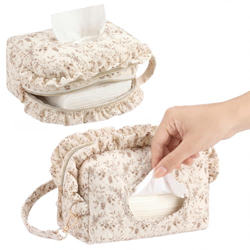 Double-Layer Quilted Diaper Wipes Bag Holder,Cream,Flower | Hanging Handle, Flower Ruffle Trim, Tidy Storage, for Stroller Home Travel, Quilted Cotton Padding