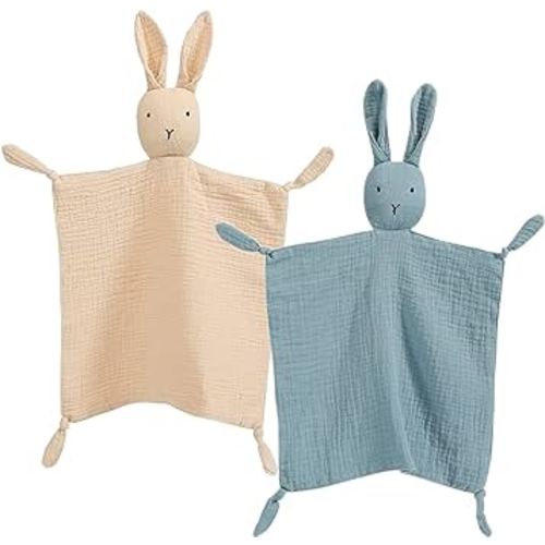 Security Blanket Bunny for Baby Organic Cotton Muslin Lovey Blanket Baby Gifts 2 Pcs Set Natural&Blue