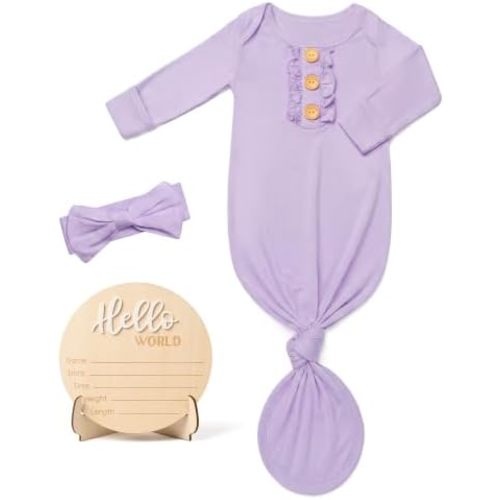 Newborn Knotted Sleepers Gown for Baby Girls with Ruffle, Infant Hospital Outfit Gown with Bow Headband & Announcement Sign