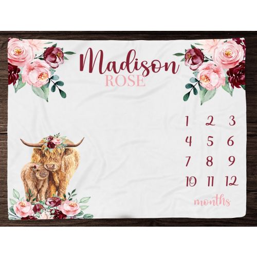 Floral Highland Cow Milestone Blanket -Burgundy Blush Month Blanket- Personalized Baby Girl Milestone Blanket -Farmgirl Baby Shower Gift 327