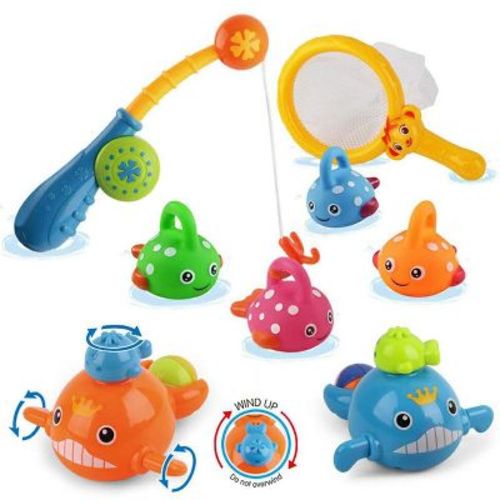 Etokfoks Bath Toy Set for Toddlers 1 Fishing Pole 1 Net 4 Fish 2 Swimming Whales Mold Free for Tub Pool Beach Ages 18M Up