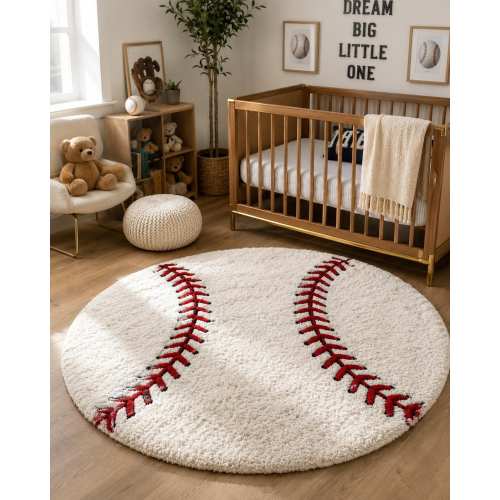 Hand-Tufted Baseball Wool Rug, Round Sports Nursery Carpet, Ivory White Red Accent