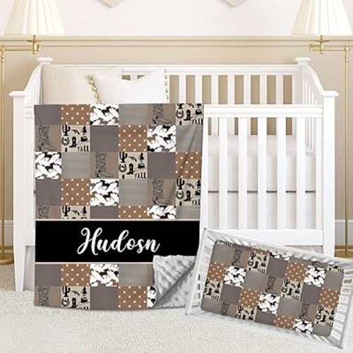 Personalized Cowboy Crib Bedding Set for Baby Boys - Custom Western Nursery 2 Piece Set With Name, Comforter and Fitted Sheet