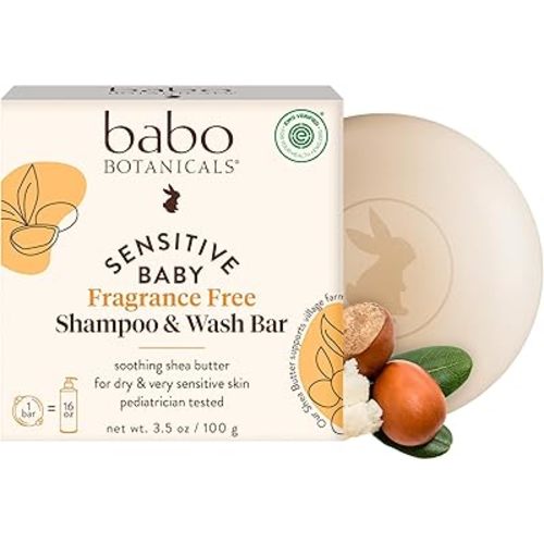Babo Botanicals Sensitive Baby Fragrance-Free 2-in-1 Shampoo & Wash Bar - Shea Butter, Calendula & Aloe Vera - EWG Verified - Cruelty-Free - Vegan - Pediatrician Tested - For Babies & Kids