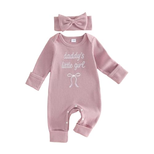 allshope Infant Baby Girl Fall Outfit Sweatshirt Romper Daddy Little Girl Embroidery Jumpsuit Bodysuit Newborn Waffle Clothes