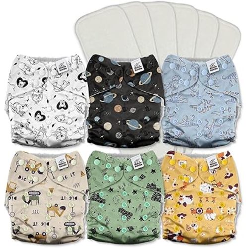 Mama Koala 3.0 Cloth Diapers for Babies with AWJ Lining, 6 Pack with 6 5-Layer Natural Cloth Diaper Inserts - Reusable and Washable Pocket Diapers(A-Dinosaurs and Farm)