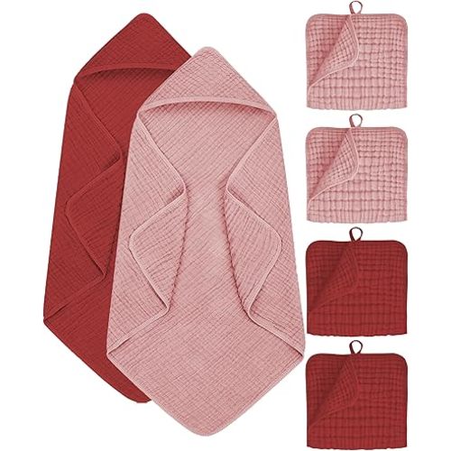 TRYISDICDVC 6Pcs Baby Muslin Hooded Bath Towels and Washcloths,32"x 32" Muslin Cotton Hooded Baby Towels for Newborn Shower