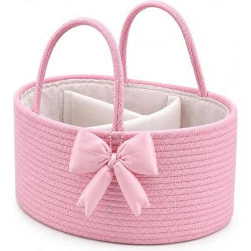 Hushee Pink Bow Baby Diaper Caddy Organizer Baby Gift Bag with Handle Nursery Diaper Basket Organizer for Newborn Boy and Girl Storage Bin for Diapers Wipes New Mom Gift