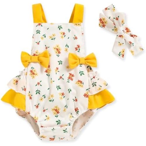 GRNSHTS Infant Baby Girls Ruffle Romper Toddler Sleeveless Halter Bodysuit Jumpsuit+Headband Summer Clothes