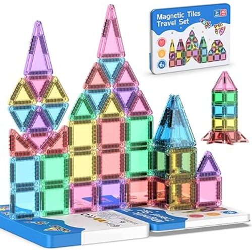 40PCS Mini Magnetic Tiles Travel Set, Portable STEM Building Blocks for Kids with Metal Storage Box, Montessori Sensory Toys for Classroom & Travel, Ideal Gift for Boys & Girls