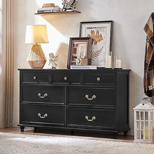 Farmhouse 54" 7 Drawers Dresser for Bedroom, Wide Chest of Drawers w/ 4 Wooden Legs, Vintage Large Closet Storage Dressers Organizer for Hallway, Wood Rustic TV Stand for Living Room, Black