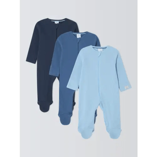 John Lewis Baby Cotton Two Way Zip Ribbed Cotton Sleepsuit, Pack of 3, Blue