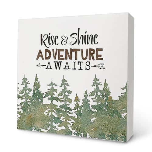 Knibeo Nursery Decor, Rise and Shine Adventure Awaits Wood Box Sign, Country Decor for Bedroom, Rustic Cabin 5x5