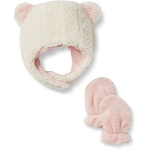 Amazon Essentials x Sofia Grainge Unisex Babies' Warm Plush Faux Fur Hat and Mittens Set with 3D Bear Ears, Ivory, 3-6 Months