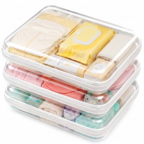 3 Pack Large Clear Hard Shell Zipper Case, Diaper Bag Organizer Pouches, Water-Resistant Travel Toiletry Bags for Baby Essentials, Toys, Cables, Crafts, Makeup, White