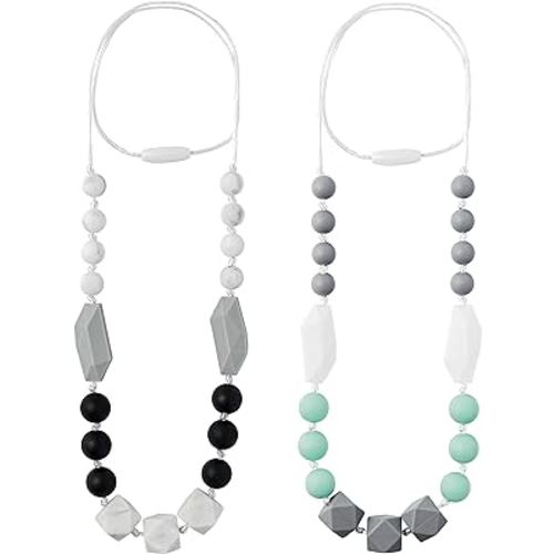 2PCS Baby Teething Necklace for Mom to Wear, Babies Nursing Necklaces for Kids, Sensory Teether Toys for Toddlers Children Adults Baby Shower Birthday Gift (Green Grey Black)