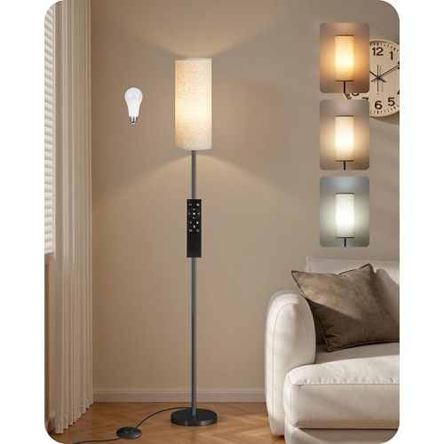 64.4” Dimmable Floor Lamp for Living Room with Remote and Foot Switch, Corner Floor Lamp for Bedroom, 10W 900LM LED Bulb Included, Modern Standing Tall Lamp, 3000K-6500K, Beige, FCC Listed E06LD05W1