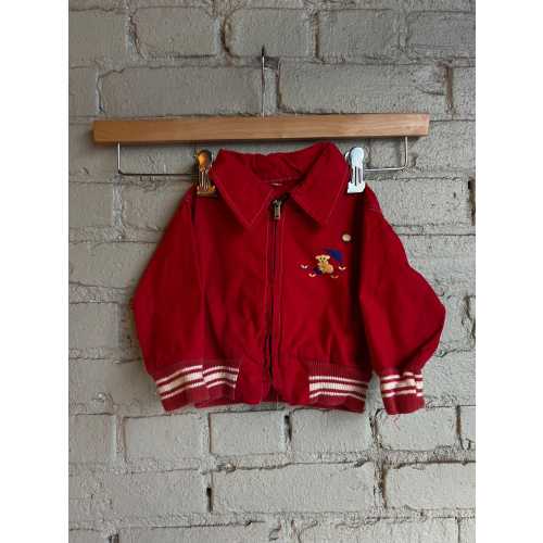 Vintage Baby 1950s Zip Up Red Jacket, Bear Embroidery, Cute