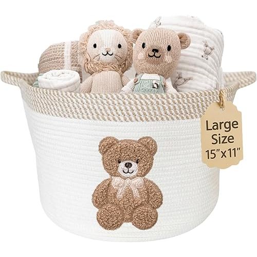 Baby Laundry Hamper | Bear Storage Basket for Nursery – Large 15"x11" Cotton Rope Bin with Soft Embroidered Bear Patch