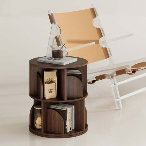 Yowos Rotating Bookshelf, 2 Tier Small Walnut Bookcase Corner Shelves Display Storage Tower Space-Saving Revolving for Small Space