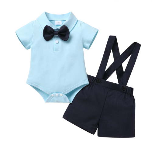 Younger Tree Toddler Boy Formal Outfit Summer Short Sleeve Button T-Shirts Bowtie Suspender Shorts Suits Clothes Set for 0-3 Months