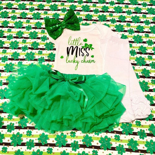 St Patrick's Day Baby Girl Outfit: Little Miss Lucky Charm Onesie, Tutu, Headband
