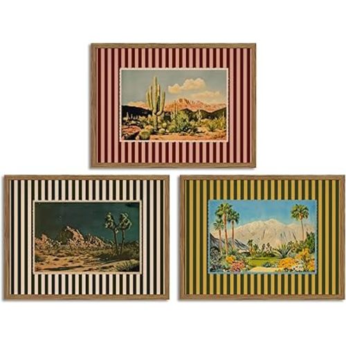 Framed Vintage Western Nature Landscape Wall Art Set of 3, Striped Postcards Southwest Desert Cactus Pictures Wall Decor Paintings, Boho Plant Canvas Prints for Living Room Bedroom Office 12x16 inch