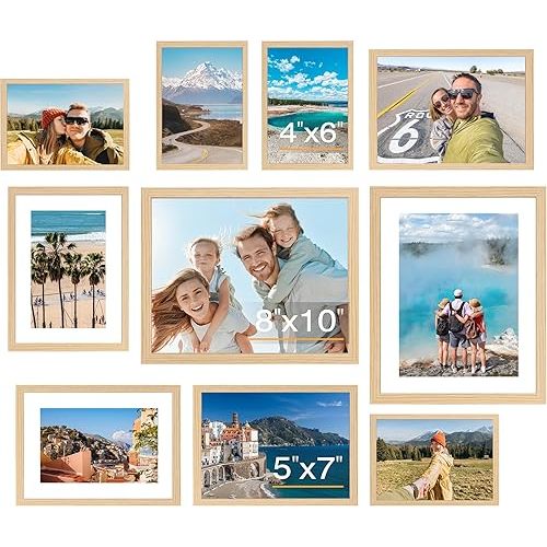 FIXSMITH 10 Pack Natural Picture Frames Collage Wall Decor for Mounting or Tabletop Display, Gallery Wall Frame Set with Two 8x10 Natural Frames, Four 5x7 and Four 4x6 Frames, Multi-Pack Photo Frame Set