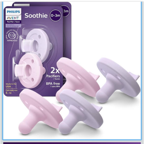 Philips Avent Soothie Orthodontic Baby Pacifiers, 100% Silicone Pacifiers, One Piece, BPA-Free, for Babies 0-3 Months, 2 Lilac and 2 Pink, 4 Pack, Model SCF190/70