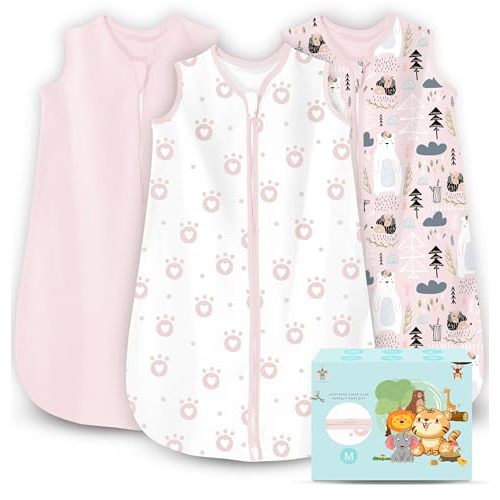 Cute Castle Baby Sleep Sack 6-12 Months - Lightweight 100% Cotton 2-Way Zipper TOG 0.5 Infant Wearable Blanket, Newborn Essentials Toddler Sleep Clothes, 3 Pack(Pink, Bear, Bear Claw)