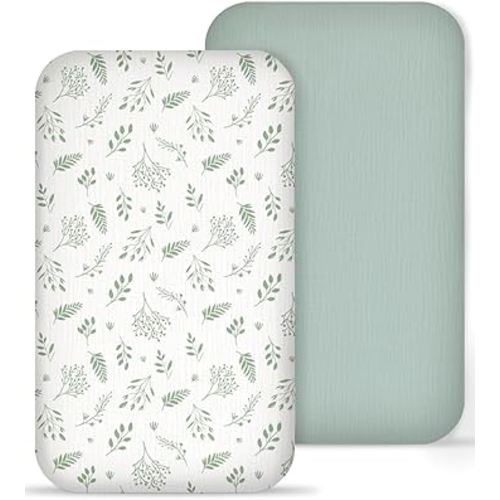 Muslin Bedside Bassinet Sheets 2 Pack, 33x20 Fitted Ultra Soft & Breathable Bedside Sleeper Sheets, Ideal for Baby Girl and Boy, Perfect for Newborns (Fern Leaf & Sage)