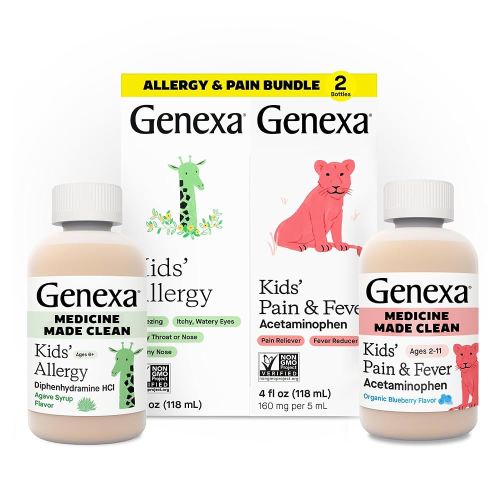 Genexa Kids' Clean Allergy & Acetaminophen Medicine Combo, Dye Free, 0% Artificial Additives, Childrens Antihistamine & Pain Reliever Fever Reducer, Ages 6-11, Organic Agave & Blueberry (2 Pack)