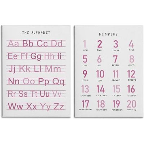 HRQKO Alphabet Numbers Nursery Canvas Wall Art Set of 2, Pink Kids Room Decor Framed Art, ABC Numbers Educational Posters Wall Decor for Classroom Toddler Kids Nursery Bedroom Playroom, 11x14 inch
