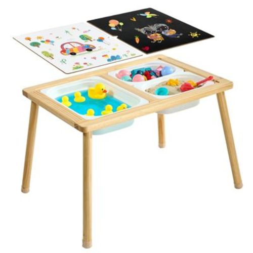 Wooden Sensory Table for Toddlers 1-3 with Reversible Double-Sided Board and 3 Storage Bins, 32 Inch Kids Activity Table