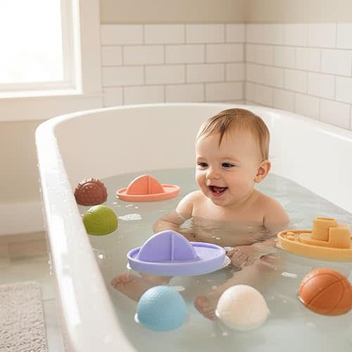 ROHSCE Sensory Balls for Babies & Baby Bath Toys 6-12 Months, Soft Textured Montessori Balls for Toddlers 1-3, Wheat Straw Floating Boat Bathtub Toys No Hole, Interactive Sensory Gifts for Infants