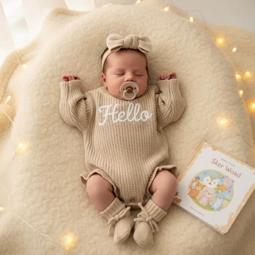 Neutral Khaki or Apricot Baby Bodysuit, Personalized Embroidered Name, Warm Cotton Knit for Fall/Winter, NB-18M, Coming Home & Keepsake