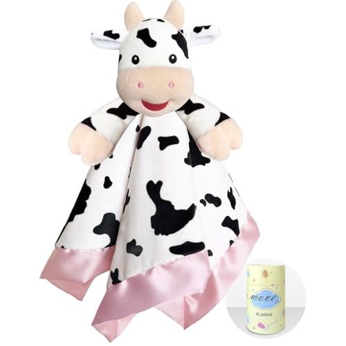MOVEPAI Cow Baby Security Blanket Loveys for Girls, 16" Soft Lovey Blanket, Baby Snuggle Stuffed Animals Blankie, Girls' Gifts for Infant and Toddler