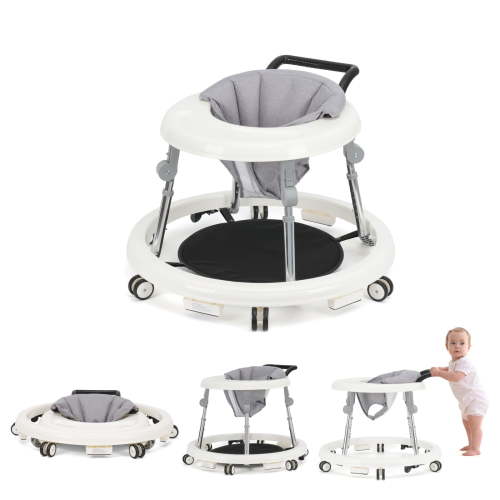 Baby Walker, Foldable with 9 Adjustable Heights, Non-Slip Wheels, Portable Design for 6-12 Months, White