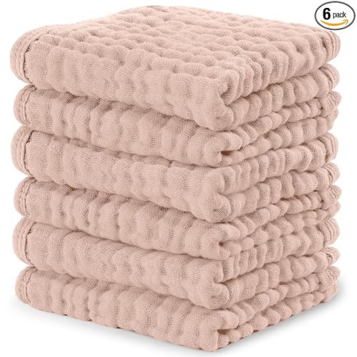 Comfy Cubs Muslin Baby Washcloths 6 Pack - Soft 6-Layer Cotton Wash Cloths for Sensitive Skin - 10"x10" Large, Gentle, Absorbent Infant Essentials for Newborn and Toddlers - Blush