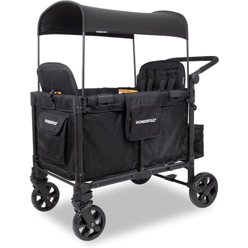 WonderFold W4 Elite Pro Stroller Wagon - Foldable Wagon with Aluminum Frame - Adjustable Canopy & Push Handle - All-Terrain Wheels - for Babies, Toddlers & Kids - 4 Seater - Jet Black
